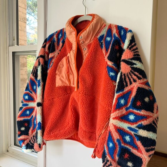 New Free People Hit The Slopes Printed Fleece Jacket Pullover Orange XS - Picture 7 of 10